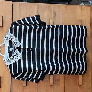 Karl Lagerfeld Paris: Striped, Key-hole, Contrast Collar w/ Ruffle Sweater